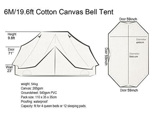 Playdo 6M Large 4 Season Canvas Wall Tent Yurts Tent With Stove Jack For Camping Festival (Size 19.6'L X 13.1'W X 9.8'H) (With Stove Jack) #TOP1