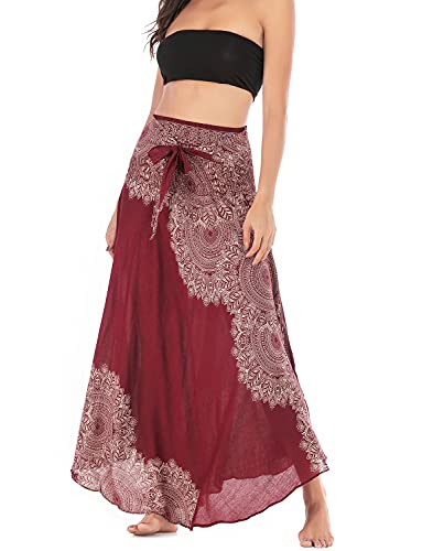 TIANNBU Damen Bohemian Röcke Hohe Taille Blumen-Weinrot Cover
