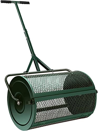 Compost Spreader, Peat Moss Spreader -24 Inch with Upgrade T Shaped Handle for Planting, Seeding, Durable Lightweight Metal Mesh Spreader for Lawn and Garden Care Manure Spreaders Roller (Green)