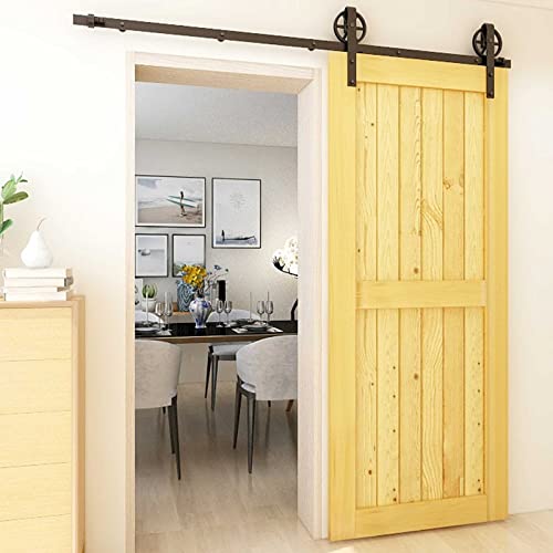 CCJH 20ft Heavy Duty Sturdy Sliding Barn Door Hardware Kit -Smoothly and Quietly -Fit 120 inch Door Panel (Big Spoke Wheel Hanger J Style) - Thumbnail 3