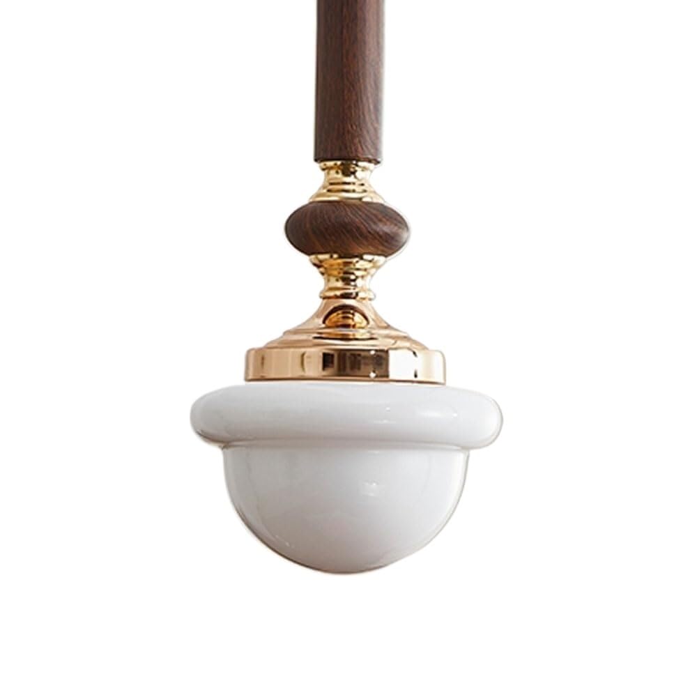 LYOUAE French Milky White Glass Pendant Light Mid Century Wood Hanging Lamp
