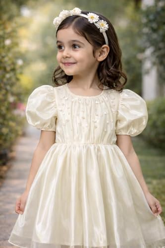 Image of Buy & Try Girls Crystal Puff Sleeve Birthday Dress for Baby Girls | Silk Knee-Length Frock with Zipper Closure | Party Outfit for Kids | Perfect Birthday & Special Occasion