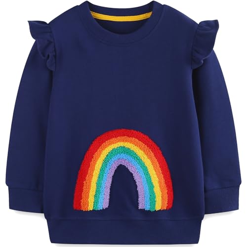 DHASIUE Girls Sweatshirt Rainbow Jumper 100% Cotton Ruffled Long Sleeve Top Shirts Toddler Kids Pullover Clothes Age 4-5 Years