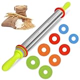 Chingcoo Mattarello regolabile in acciaio inox con 4 anelli di spessore (2/3/6/10 mm) - Mattarello con manico, scala, antiaderente, facile da pulire, perfetto per pizza, biscotti, torte e pane
