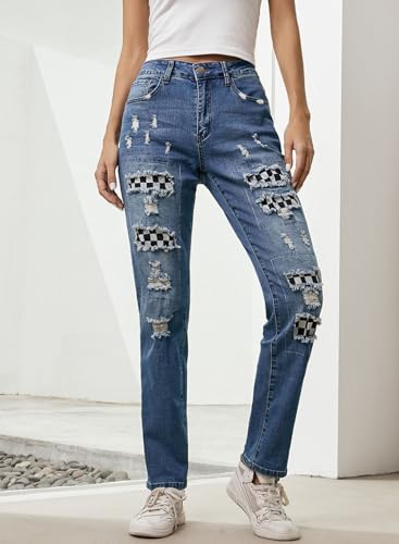 EVALESS Ripped Jeans for Women Plaid Patch Boyfriend Skinny Distressed Denim Jean Pants3