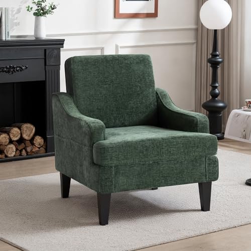 Image of Accent Chair for Living Room,Mid-Century Arm Chair Chenille Fabric Living Room Chairs,Upholstered Reading Chair for Bedroom,Single Sofa Chair with Wood Legs for Apartment (Green)