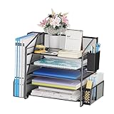 Simple Trending Desk Organizers and Accessories, 5-Tier Desk File Organizer, Paper Letter Tray Organizer with File Holder and Pen Container, Black