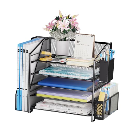 Simple Trending Desk Organizers and Accessories, 5-Tier Desk File Organizer, Paper Letter Tray Organizer with File Holder and Pen Container, Black