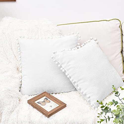 CaliTime Throw Pillow Cases Pack of 2 Cozy Solid Dyed Soft Chenille Cushion Covers with Pom Poms for Couch Sofa Home Decoration 55cm x 55cm True White - Image 2