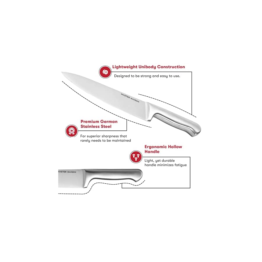 Master-Maison-19-Piece-Premium-Kitchen-Knife-Block-Set-Wooden-Block-German-Stainless-Steel-Cutlery-With-Knife-Sharpener-8-Steak-Knives-Silver Master Maison 19-Piece Kitchen Knife Set with Wooden Block and Knife Sharpener - Stainless Steel Cutlery (Silver)