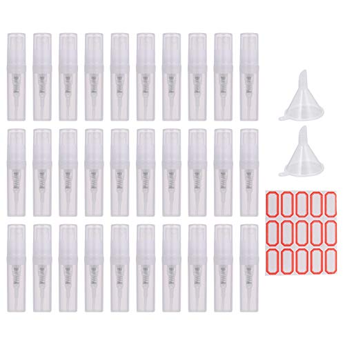 ALTcompluser 30 Stks Verstuiver Lege Fles 2 ml Mini Parfum Spray Fles Draagbare Reizen Hervulbaar met 2 Stks Trechters en Label voor Reizen Party Draagbare Make-up Tool