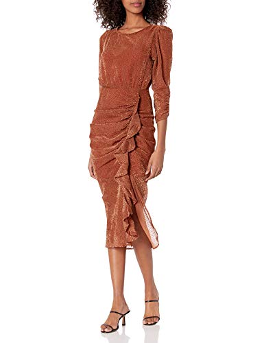 ASTR the label Women's Samara Semi Sheer Mock Neck Long Sleeve Ruffle Side Slit Midi Dress, Ginger, Medium