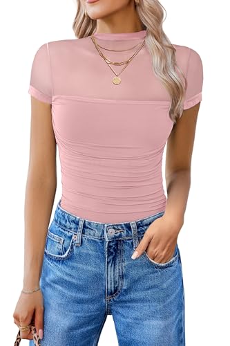 Image of Avidlove Women's Short Sleeve Bodysuit Turtle Neck Body Suits Mesh One Piece Leotard Going Out Tops Date Outfits