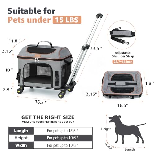 Lekereise Top-Expandable Pet Carrier with Wheels, Airline Approved Cat Carrier for Small Dogs and Cats - Grey