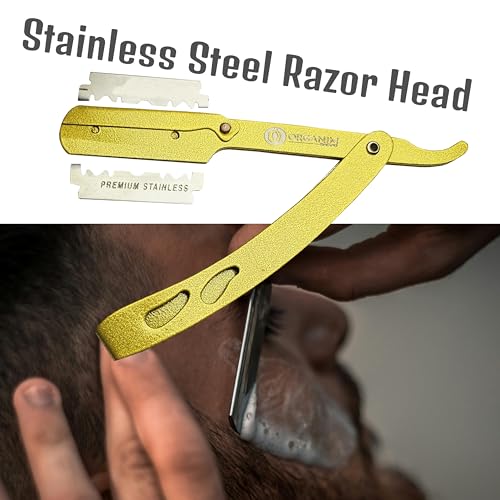 Image of ORGANIM Barber Shaving Ustra for Men | Professional Stainless Steel Foldable Straight Razor | Salon-Style Manual Beard Trimming & Shaving Ustra (Gold Finish)
