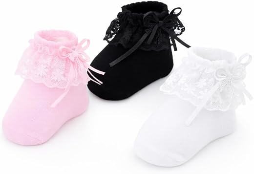 A FOR APPLE Baby Lace Socks, New Born Baby Girl Socks, Pink White Black, 3 Pack