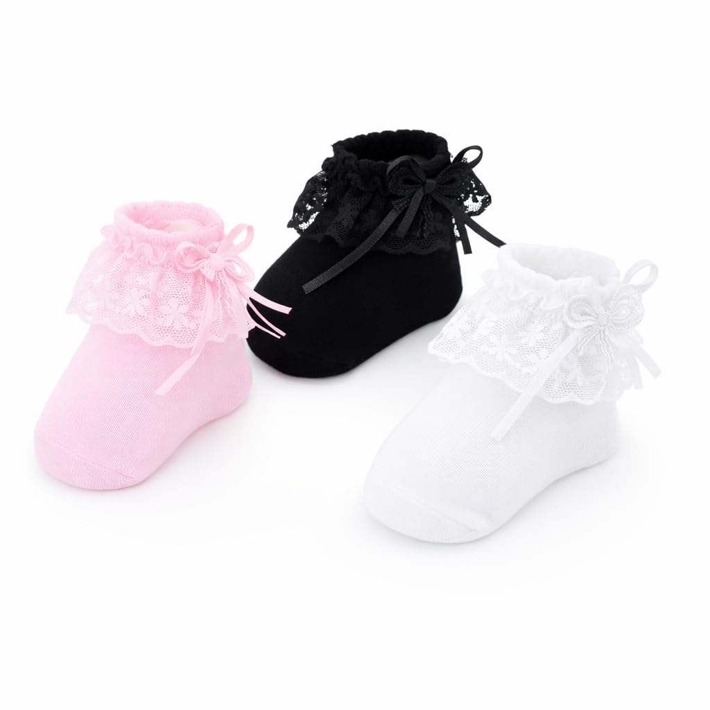 Baby Lace Socks, New Born Baby Girl Socks, Pink White Black, 3 Pack-image-44