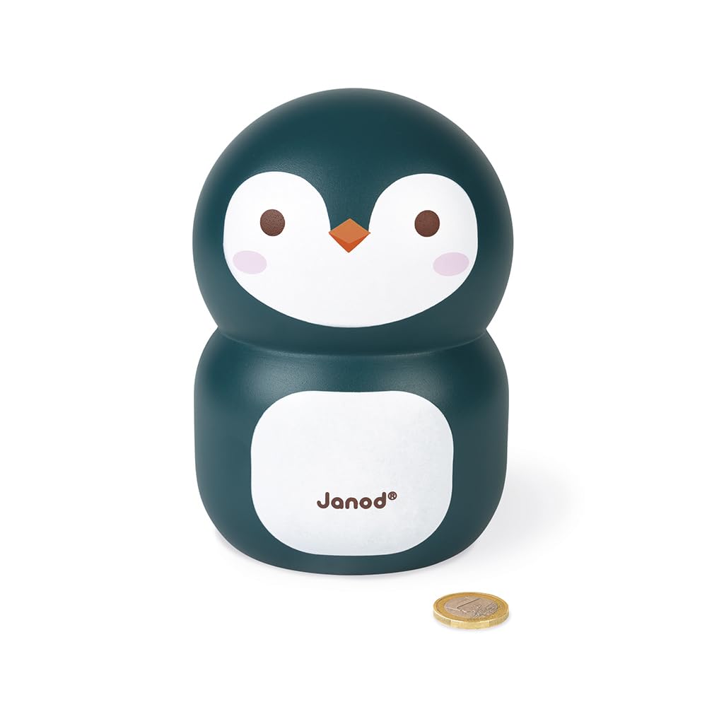 Janod - Penguin Wooden Children’s Money Box 5.9 inch - Children's Room Decoration - Suitable for Ages 3 and Up, J04650