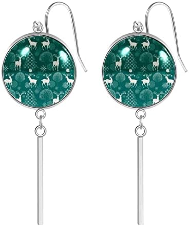 Sika deer Stainless Steel Dangle Earrings for Women Girls Hanging Hoop Earring with Vertical Bar Round Glass ，Fashion Jewelry Gift