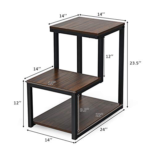 Tangkula 3-Tier Sofa Side Table, Nightstand with Storage Shelf, Sturdy Metal Frame, Ladder-Shaped Chair Side Table, Brown Tabletop Storage Shelf for Living Room or Bedroom (Brown)
