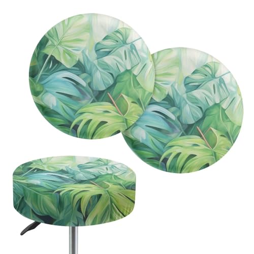 Flashideas Palm Leaf 2 Pcs Stool Slipcovers High Elastic Stretch Round Bar Stool Covers Round Seat Cushion with Elastic Bands Bar Chair Covers for 14-17 Inch Chair
