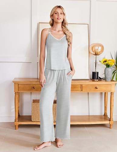 Image of Ekouaer Womens Y2K Cami Pajama Set with Flare Pants, 2 Piece Lace Trim Sleepwear Spaghetti Strap Pjs Set XS-2XL