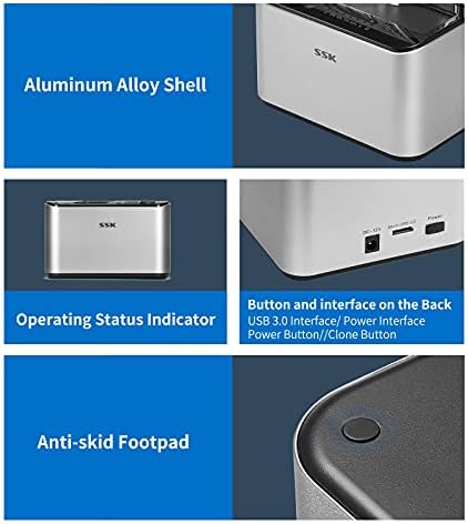SSK Aluminum Hard Drive Docking Station, USB 3.0 to SATA Dual Bay External HDD Dock Caddy Reader for 2.5 & 3.5 inch SATA HDD SSD, with UASP Offline Cloner/Duplicator Function(2x16TB Supports)