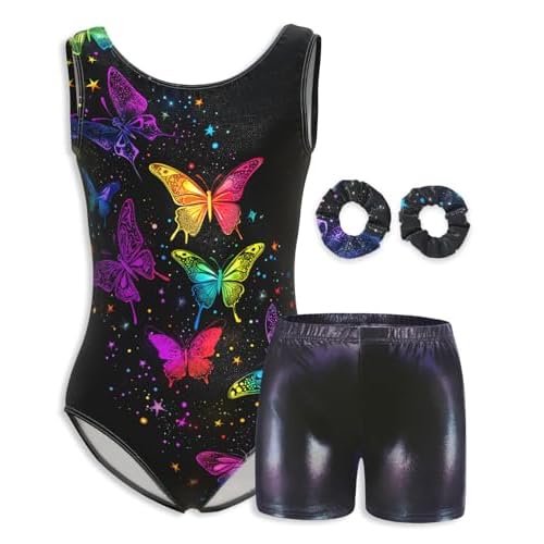 MOLLDAN Girls Gymnastics Leotard Athletic Biketard Unitard Tumbling Activewear Outfits for kids Black Butterfly Set 8Y(8-9 Years)