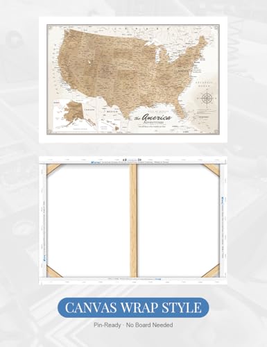 Image of IPIC - USA Map Canvas Painting for Wall Decor, Pinnable World Board to Mark Travels, Oversize World Travel Map Print for Home, Office, Study, and RV, Ready to Hang