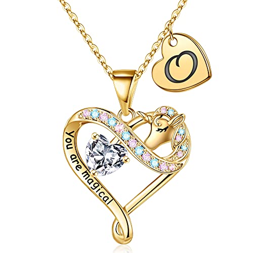 STORUP Unicorn Necklace Gifts for Girls, 14K Gold Plated Colorful CZ Heart Pendant Unicorn Necklaces for Girls Women Letter O Initial Unicorn Necklaces for Teen Girls Jewelry Unicorns Gifts for Girls