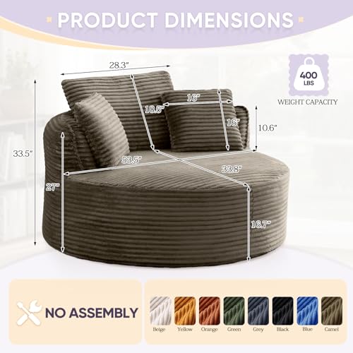 Image of Antetek 53.5-inch Round Chair, Modern Accent Corduroy Comfy Deep Seat Boneless Foam Floor Single Circle Chaise Sofa Chair with 3 Pillows for Living Room Bedroom Office, No Assembly Required, Camel