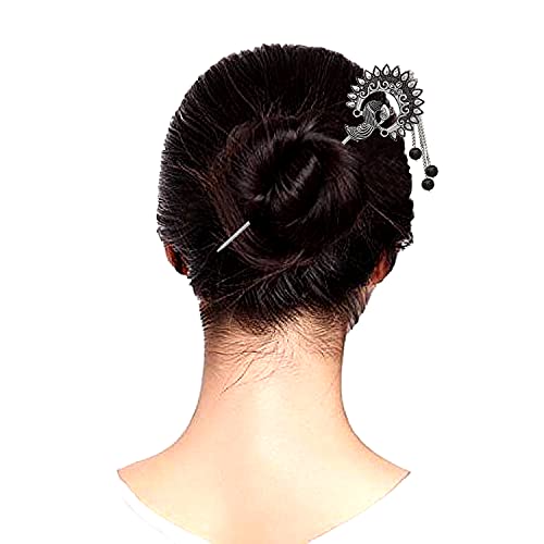 Image of V L IMPEX Peacock Design Hair Stick For Bun Designer Metal Hair Pin For Women (Vlhp31Blk), Black