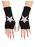 Verdusa Gril's Y2K Printed Knitted Fingerless Glove Short Gloves with Thumb Hole Black Star 12-16Y