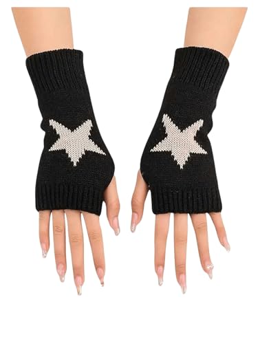 Verdusa Gril's Y2K Printed Knitted Fingerless Glove Short Gloves with Thumb Hole