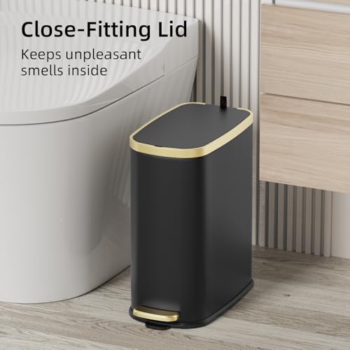 Image of KUK Small Bathroom Trash Can with Lid Soft Close, Step Pedal, 2.6 Gal Stainless Steel Garbage Can with Removable Inner Bucket, Anti-Fingerprint Wastebasket for Office, Bedroom, Toilet (Black)