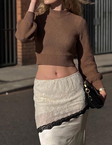 Image of ZESICA Women's Fall Mock Neck Long Sleeve Cropped Sweaters | Soft Ribbed Knit Pullover, Work Office, Business Casual, 2026 Winter Transition Clothing, Warm Comfy, Going Out Outfits