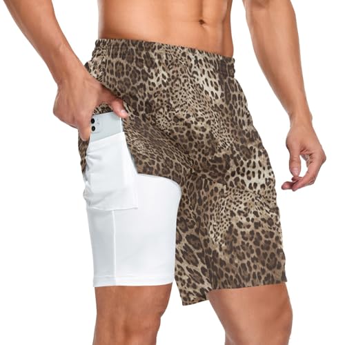 JHKKU Men's 2 in 1 Athletic Running Shorts Leopard Print