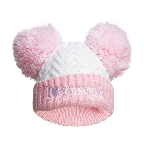 Royal Icon Baby Knitted Pom Pom Hat Baby Boys Girls Winter Hat Single Pom Pom Hat Warm Knitted Double Bubble Baby Hat 0-12 Months Ri682 (Acrylic, Pink I Love Mummy - Ri682)