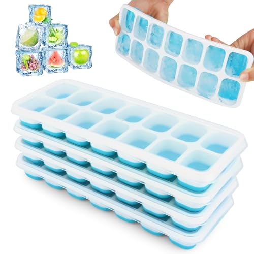 4 Piezas Cubiteras para Hielo con Tapa, Moldes de Cubitos de Hielo con Tapa a Prueba de Polvo, Moldes de Cubitos Hielo, para Bebés, Agua, Cola, Cócteles, Whisky (Azul)
