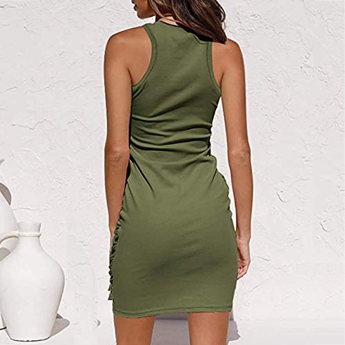 Padaleks Women's Sleeveless Round Neck T Shirt Dress Casual Tie Waist Ruched Bodycon Mini Dresses Knee Length #TOP3