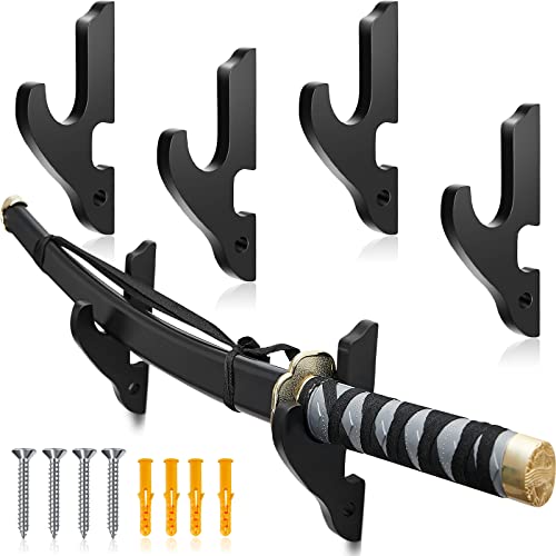 Yookeer 4 Sets Sword Wall Mount Adjustable Sword Holder Wood Martial Arts Weapons Stand Samurai Sword Weapon Wall Mount Wooden Sword Hangers with Nails Sword Display Supplies (Black,Wood)