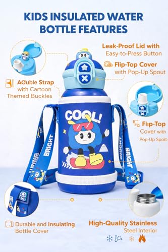 Image of Kids Stainless Steel Insulated Mug Bottle with Straw & Strap - 500ml Double Wall Vacuum Sipper Flask, Portable School Travel Water Bottle for Boys & Girls,Blue