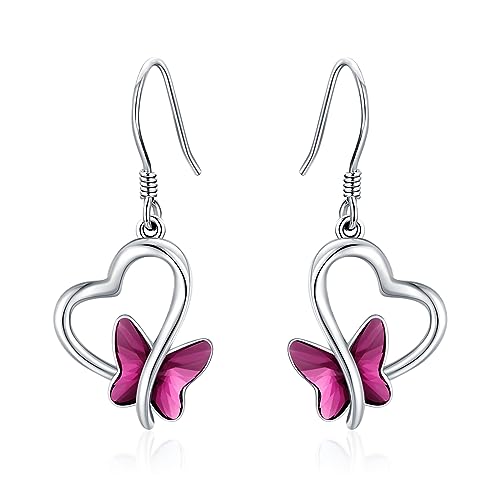 Boucles d'oreilles en argent sterling 925 papillon et cœur cristal