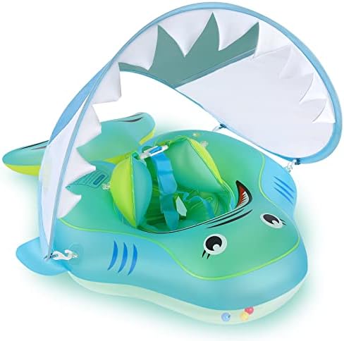 Baby Pool Float, Baby Swim Float with Canopy Inflatable Baby Swimming Floaties with Safety Support Baby Shark Pool Floats for Babies 12-18 Months Infant Float Swimming Trainer for Age of 3-36 Months