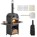 Outsunny Outdoor Wood Fired Pizza Oven with Side Shelves and Open Cabinet, Pizza Maker on Wheels with Thermometer, Stone, Peel, Cover, Grill Grate, for Barbecue, Picnic, Camping