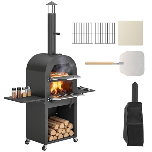 Outsunny Four à pizza d'extérieur au bois avec étagères latérales et armoire ouverte, machine à pizza sur roulettes avec thermomètre, pierre, pelle, couvercle, grille de gril, pour barbecue