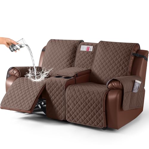 KinCam 100% Waterproof Recliner Loveseat Cover with Console, Non-Slip Reclining Couch Covers for 2 Seat, Recliner Sofa Cover Furniture Protector with Elastic Straps for Kids, Pets, Deep Brown