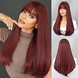 PARK YUN Long Straight Wine Red Wig with Bangs 23 Inch Burgundy Synthetic Layered Wig Natural Maroon Dark Red Hair Heat Resistant Wigs for Women Daily Party Use