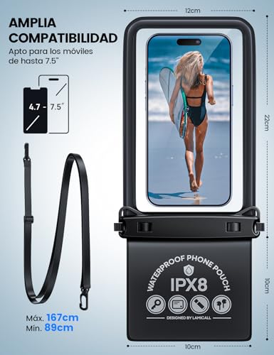 Lamicall Funda Impermeable Móvil - [Diseño de Doble Bolsa] IPX8 Bolsa Impermeables Móvil, Cuerda Ancha Ajustable y Resistente, Funda Teléfono Estanca para iPhone 17 16 15 14 13, Smartphone hasta 7,5" - imagen 6