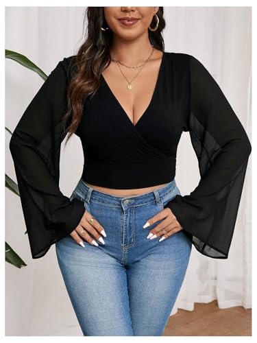 MakeMeChic Women's Plus Size Crop Top Bell Sleeve Tops V Neck Wrap Blouse Party T Shirts4